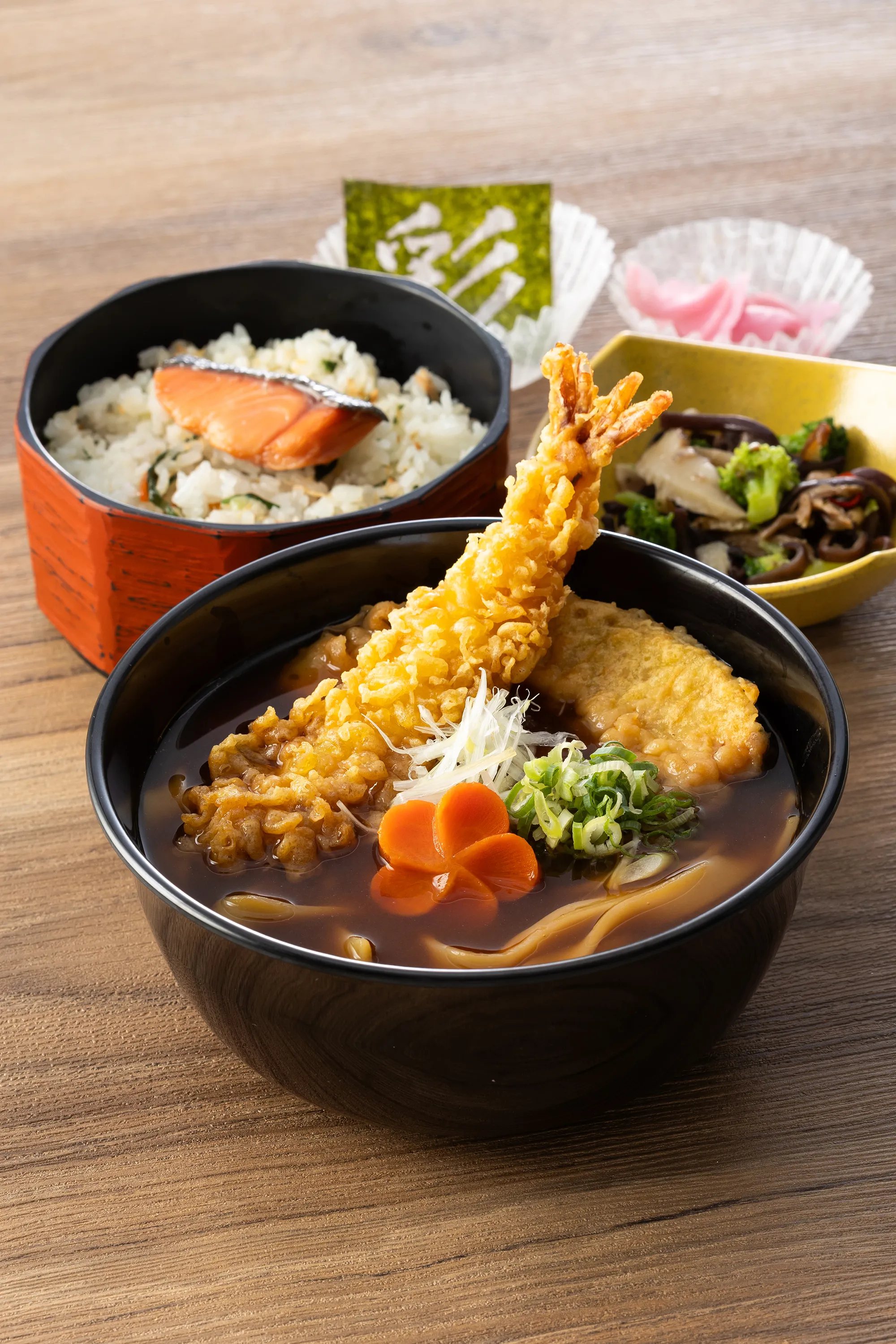 Shrimp Tempura Miso Kishimen And Salmon Rice